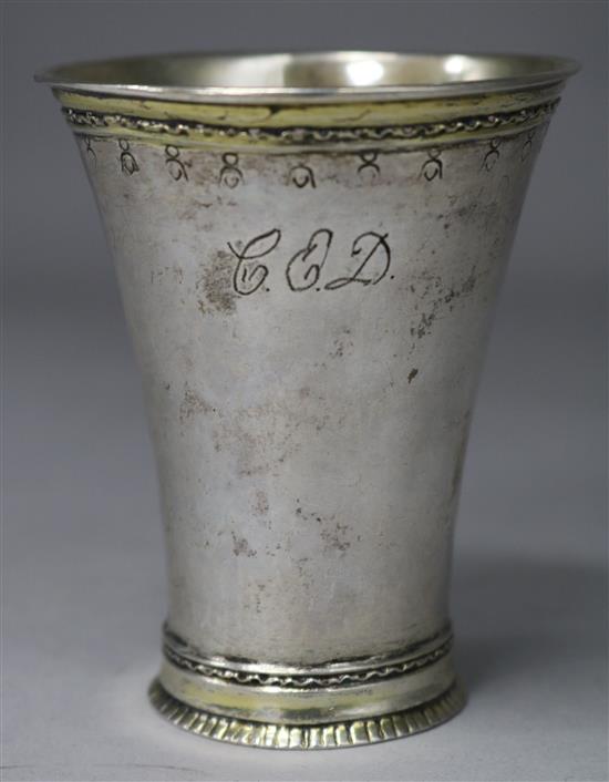 A mid 18th century Swedish parcel gilt silver beaker by Carl Lemon (Lemoine) 1729-1786, Upsala, 65 grams.